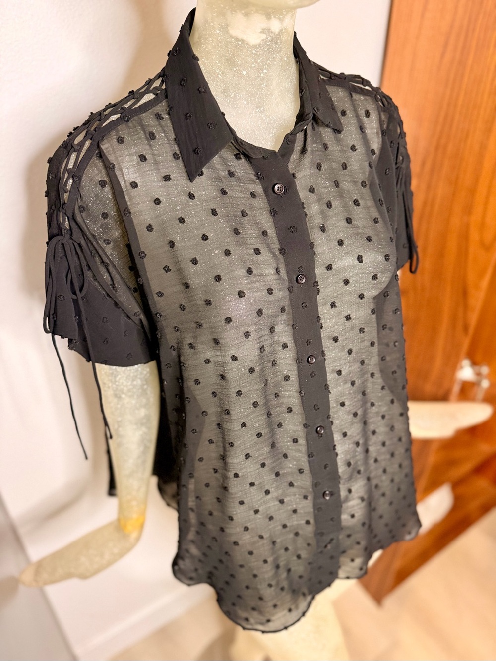 IRO Jeans Zander Sheer Swiss Dot Button-Up Sleeveless Blouse. Size 34